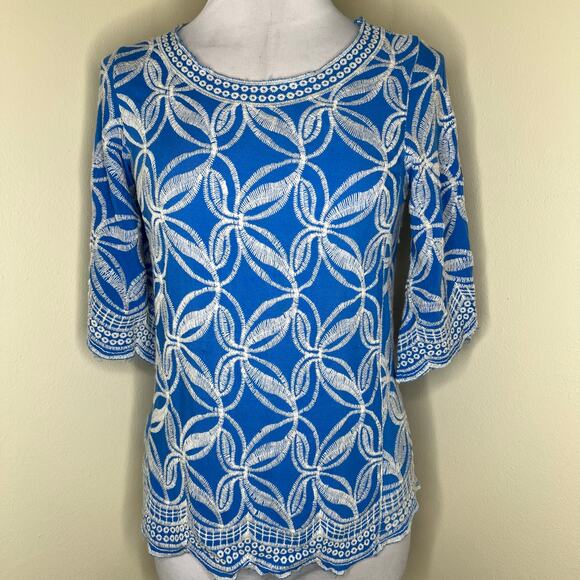 BUNDLE OF 2 Solitaire Top MEDIUM Embroidered Pink Blue Crewneck Scalloped Boho - Picture 10 of 11